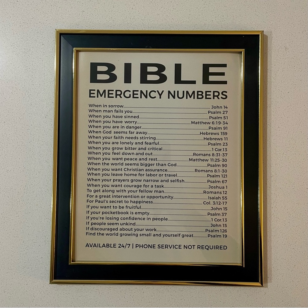 Framed Emergency Numbers - Christian Wall Decor Poster, This Bible Inspirational